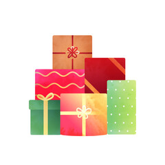 Pile of colorful presents in watercolor style. Gift boxes for Christmas and Birthday decoration. Vector isolated in white.