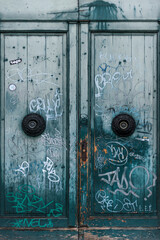 Alte Holztür mit Graffiti als Textur