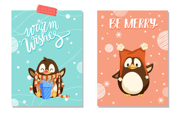 Penguin in scarf sitting with gift box and waving hand animal in hat with pompons. Greeting card in realistic style Warm Wishes and Be Merry vector