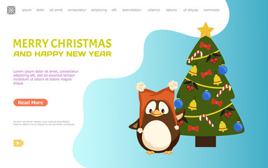 Penguin in hat near fir-tree, Christmas and New Year web page online vector. Seabird with wings raised in Santa knitted headwear near decorated tree
