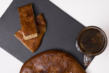 Traditional sweet homemade armenian cake gata. Armenian gata, with tea, Top view