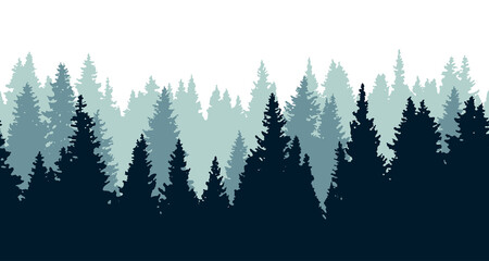 Vector illustration of northern forest. Silhouettes of spruce in a mist. Seamless vector background. 