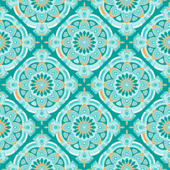 Ethnic tight vector pattern. Green rhombus mandalas