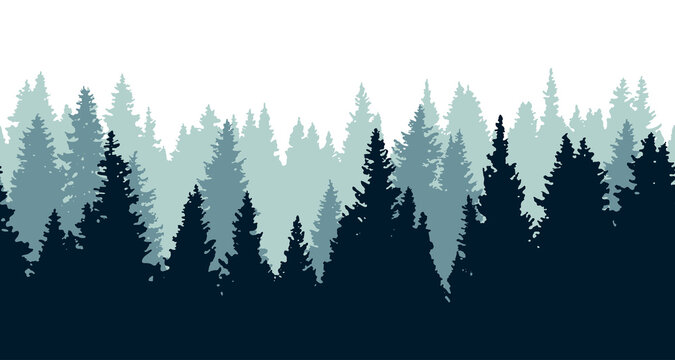 Vector illustration of northern forest. Silhouettes of spruce in a mist. Seamless vector background. © Murina Natalia