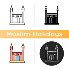Hajj icon. Annual islamic pilgrimage to mecca. Mandatory religious duty for muslims. Religious demonstration of solidarity. Linear black and RGB color styles. Isolated vector illustrations