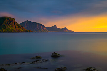 Sunset over the mountains and the sea of Lofoten islands, Norway