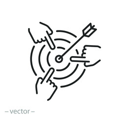 mission target solution icon, accurate focus on object goal, objective dartboard, business strategy marketing, aim hands, thin line symbol on white background