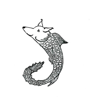 Graphic Drawing Of Fancy Black And White Animal Like As Fish , Fox And Dog. Tattoo Sketch, Logo Element