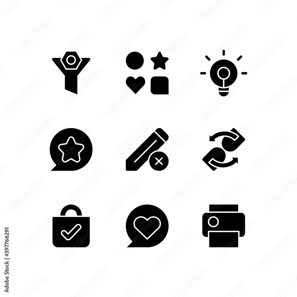 Poster interface for mobile application black glyph icons set on white space. blocking different data. ligh