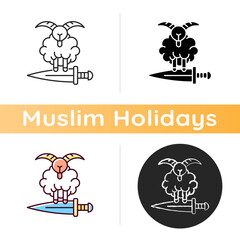 Eid al Adha icon. Islamic holidays celebrated worldwide each year. Honouring willingness of ibrahim to sacrifice son ismael. Linear black and RGB color styles. Isolated vector illustrations