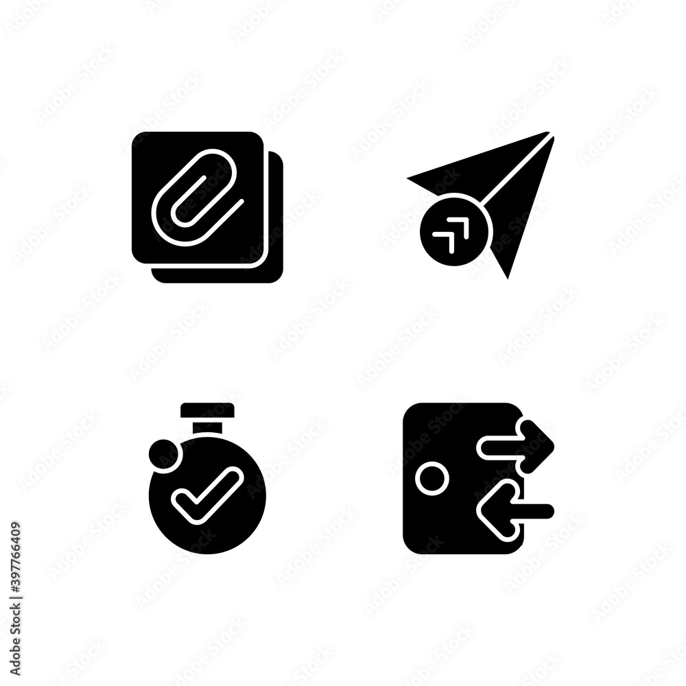 Poster mobile application interface black glyph icons set on white space. sending messages to different peo