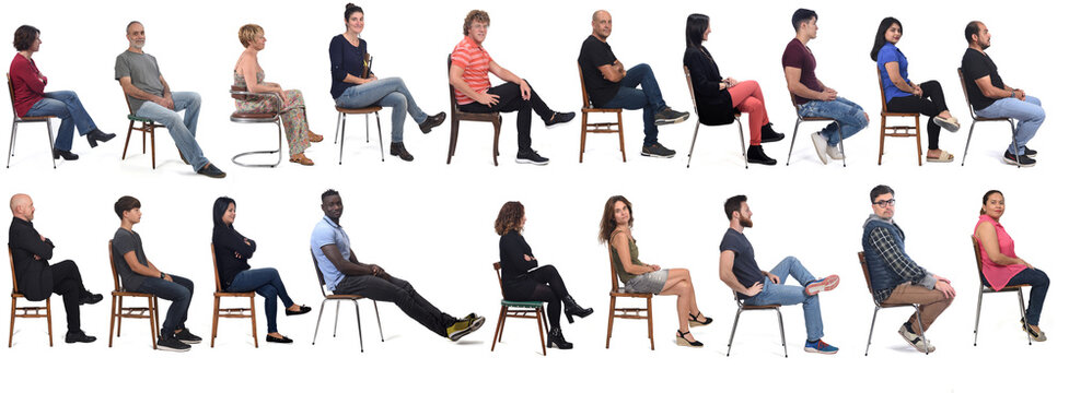 Group of people sitting on chair on white background