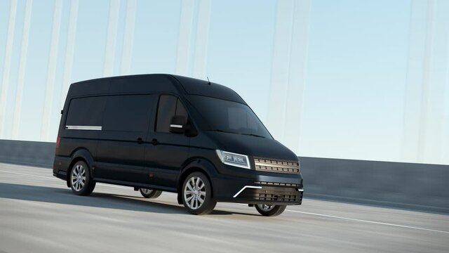 Modern Black Delivery Van Driving Through on Bridge. Postal Auto Delivery Product Service. Concept Cargo and Supply. New E-commerce Deliver. Fast Electric Carrier Van Driving on Highway Side View Shot