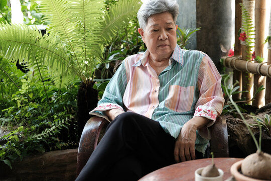 Elder Woman Resting At Home. Asian Elderly Female Sitting On Chair