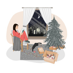 A cute relaxed girl sitting in a chair and reading. Hygge xmas mood with new year tree, playing cat, and city lights in the window. Christmas interior vector illustration or greeting card