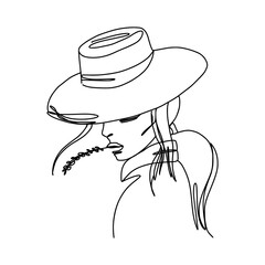 Abstract one line woman. A girl in a hat contour drawing. Modern minimal art illustration. Elegant continuous line poster.