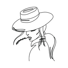 Abstract one line woman. A girl in a hat contour drawing. Modern minimal art illustration. Elegant continuous line poster.