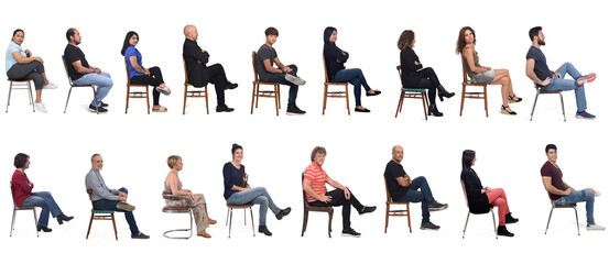 Group of people sitting cross-legs on white background