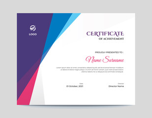 Abstract Colored Pink, Purple and Blue Shapes Certificate Design Template
Letter Size 11x8.5 with .125 Bleed