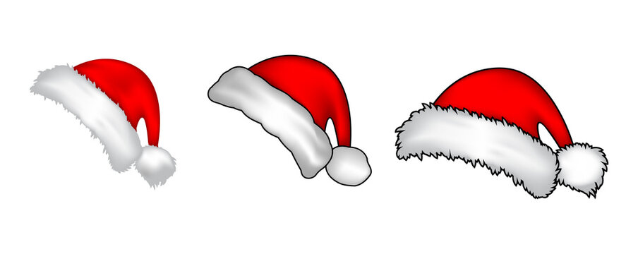 Santa claus red hat collection. Realistic santa cap set isolated on white background. Cartoon drawing for holiday banner or backdrop. Illustration of winter vector symbols. Christmas icons.