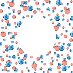 Quadratic frame of blue and pink confetti with circle window. Christmas, Birthday, Valentine, New Born party background for greeting decor. Watercolor hand drawn isolated elements on white background.