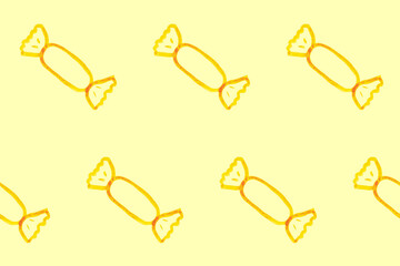 Seamless pattern with simple candy. Yellow picture on creamy board. Doodle illustration. Child's drawing. Cartoon background for Kids. Perfect for children fabric, textile, nursery wallpaper