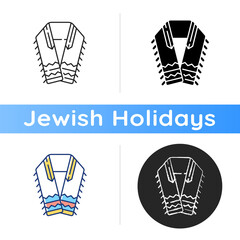 Tallit and tzitzit icon. Jewish prayer shawl. Fringes in garments corner. Holy symbolism. Four-cornered shawl. Religious ceremonies. Linear black and RGB color styles. Isolated vector illustrations