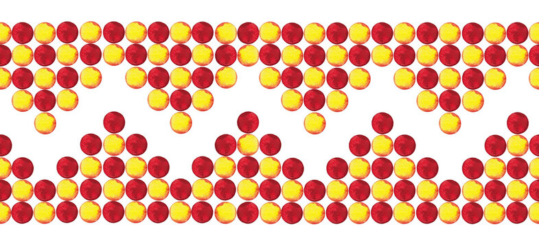 Seamless corner border of red and yellow  confetti in checkers pattern. Pizza party, Birthday, Easter background for greeting decor. Watercolor hand drawn isolated elements on white background.