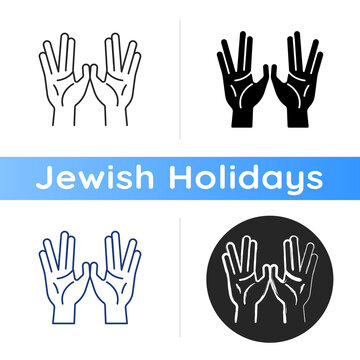 Priestly blessing hands icon. Two handed symbol. Priestly benediction. Jewish tradition. Synagogue ritual. Cohanim hands. Linear black and RGB color styles. Isolated vector illustrations