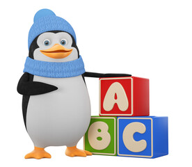 Cartoon character penguin in winter clothes holding alphabet cubes on a white background. 3d render illustration.