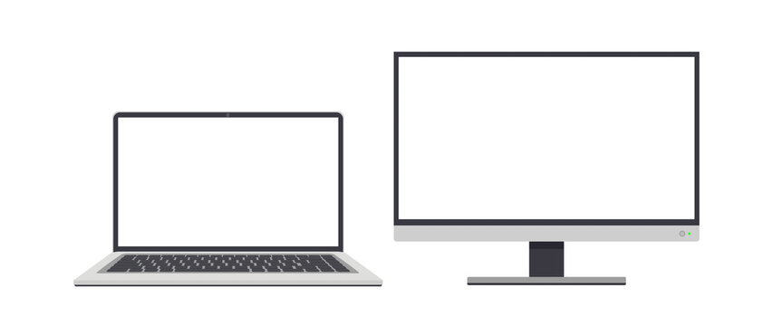 Laptop and monitor with white screen. For advertising design. Isolated. Vector.