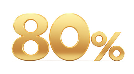 80% off on sale. Gold percent isolated on white background. 3d rendering. Illustration for advertising.