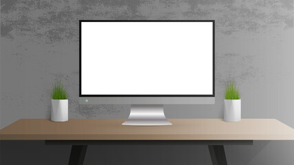 A monitor with a white screen sits on a table. Workplace. Ready-made template for advertising design. Realistic vector.