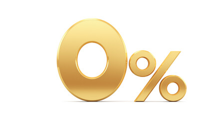 Gold percent isolated on white background. 3d rendering. Illustration for advertising. 0% off on sale.