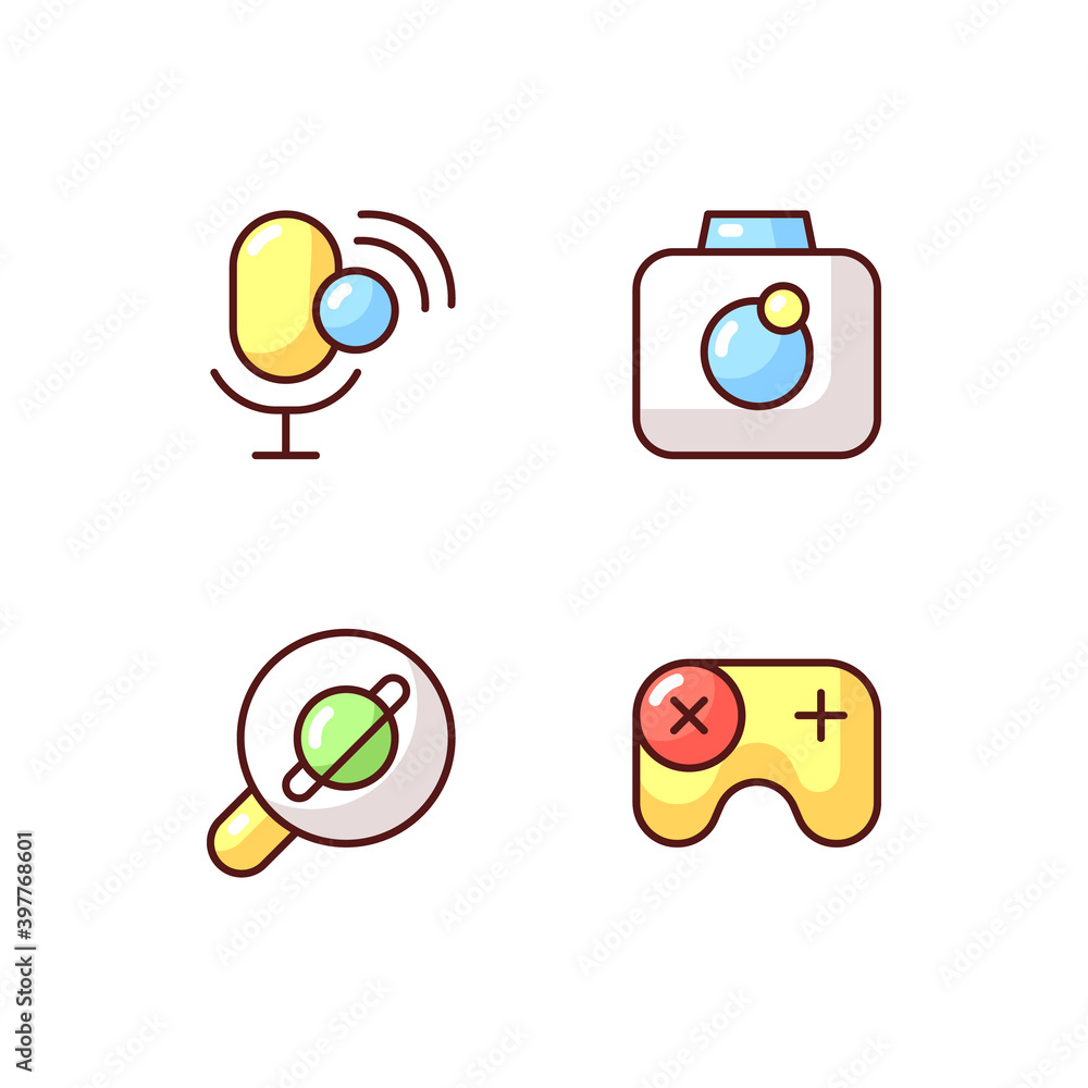 Poster mobile interface rgb color icons set. intelligent personal assistant. games. web browser. camera. co