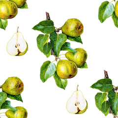 Seamless watercolor pattern with pears isolated on white background