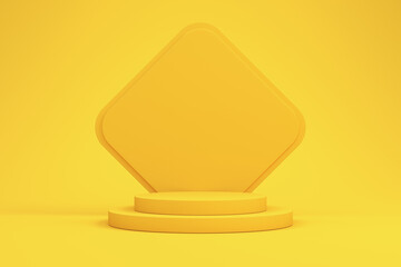 Empty yellow stand on a yellow background for the display of goods. 3d render illustration.