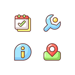 Smartphone interface RGB color icons set. Calendar. Settings menu. Maps. News. Future planned events reminder. System update. Real-time location. Current events coverage. Isolated vector illustrations