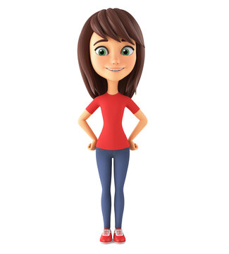 Cartoon character cheerful girl in a red shirt on a white background. 3d render illustration.