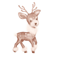Cute cartoon deer on white background. Cartoon animal character design.  Hand drawn baby watercolor illustration isolated 