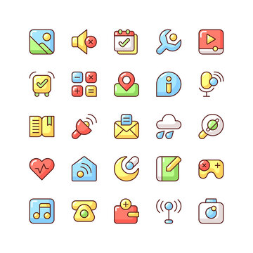 Interface RGB color icons set. Smartphones and tablets application. Settings menu. Camera, photo gallery. Videoplayer, music, games, book reader. Web browser. Isolated vector illustrations