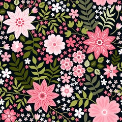 Ditsy seamless pattern with pink flowers and green leaves on black background. Beautiful print for fabric, textile, wrapping paper