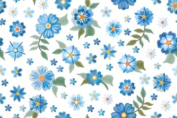 Embroidery seamless pattern with blue wild flowers on white  background. Fashion design for fabric, textile, wrapping paper. Fancywork print. Vector illustration.