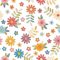 Embroidery seamless pattern with colorful flowers and leaves on white background. Summer print. Fashion design. Vector embroidered illustration.