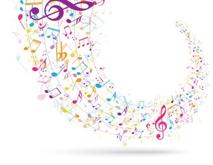 Colorful music notes background isolated on white