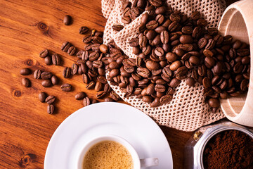 Homemade cafe fresh hot espresso in steam white mug cup brew from organic sustainable coffee shop drink roasted brown bean with recycle disposable paper package with refresh aroma
