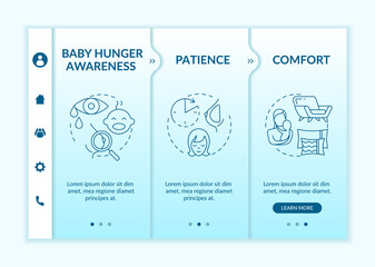 Breastfeeding tips onboarding vector template. Baby hunger signals understanding. Motherhood comfort. Responsive mobile website with icons. Webpage walkthrough step screens. RGB color concept