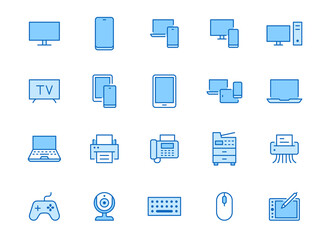 Devices line icons set. Computer, laptop, mobile phone, fax, scanner, smartphone minimal vector illustrations. Simple flat outline sign for web, technology app. Blue color, Editable Stroke