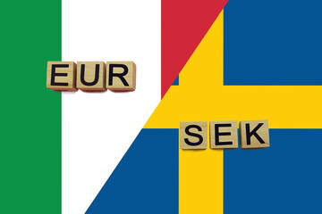 Italy and Sweden currencies codes on national flags background