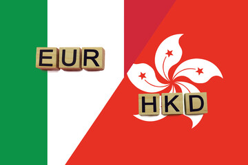 Italy and Hong Kong currencies codes on national flags background